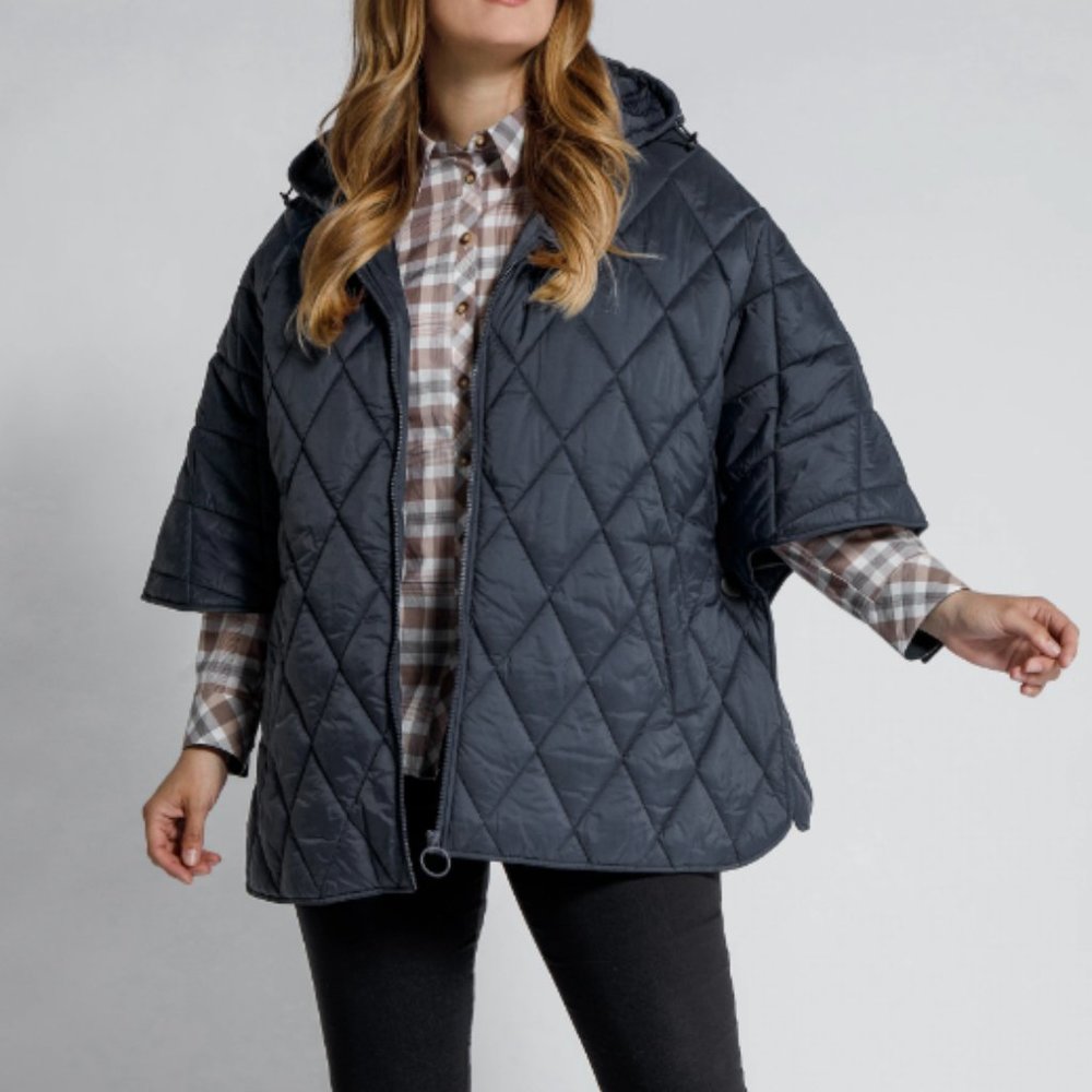 EUC, Ulla Popken, Black Quilted Cape with Hood, Plus size 2